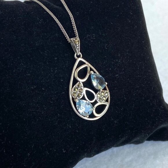 Sterling Silver 925 SLC Blue Topaz Marcasite Teardrop Pendant Necklace 18" Chain - Picture 6 of 16